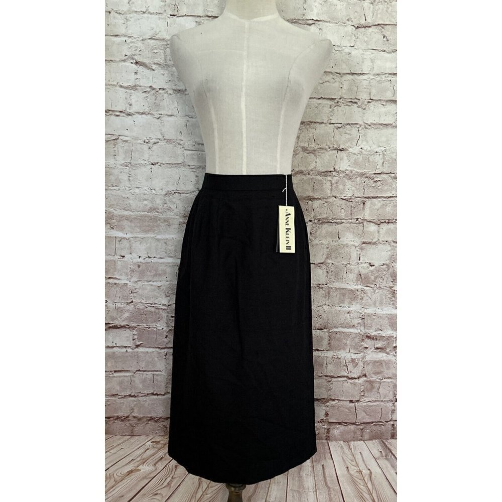 Vintage Anne Klein II Natural Silk Classic Straight Skirt 8 NEW Black Below Knee